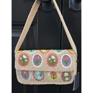 New America & Beyond Vintage Inspired Floral Oval Block Print Beaded Bag